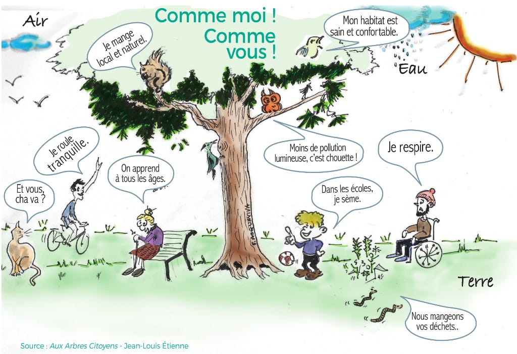Dessin « Notre ville est un écosystème » : sous un grand arbre, un chat, un cycliste, une personne âgée sur un banc, un enfant et un homme en fauteuil disent ce que la nature leur apporte.