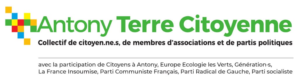 Logo d’Antony Terre Citoyenne, collectif de citoyen·nes, de membres d’associations et de partis politiques, avec Citoyens à Antony, EELV, Génération·s, La France insoumise, le PCF, le Parti radical de gauche et le Parti socialiste.