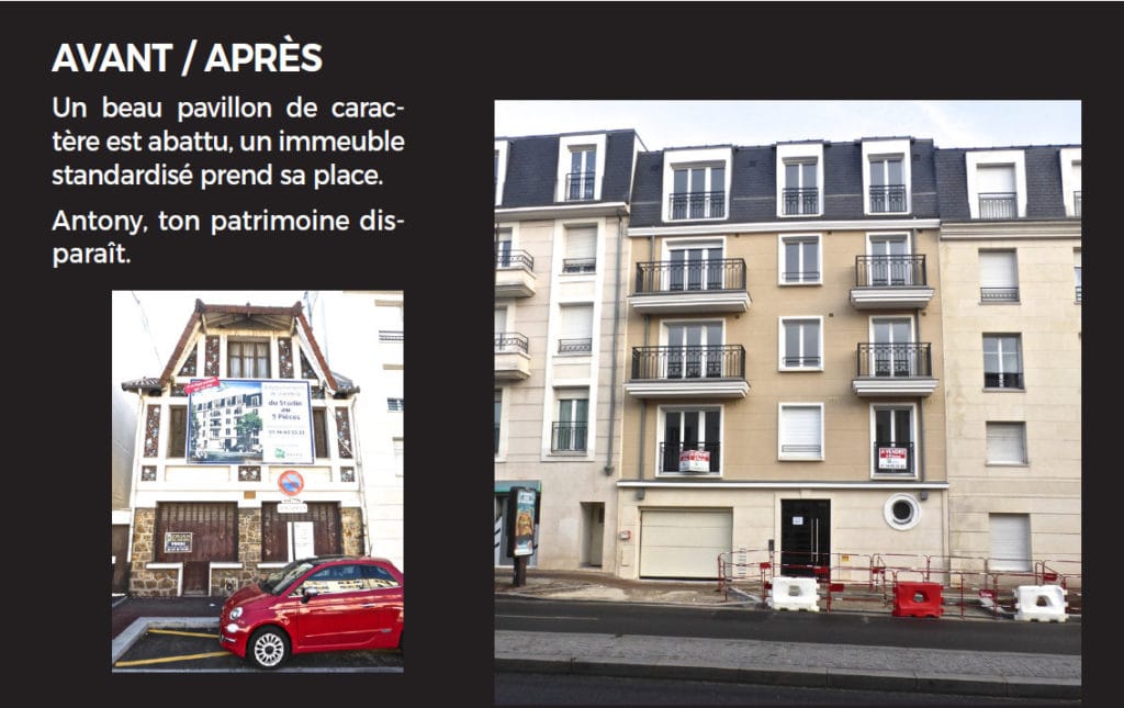 Avant, après : un pavillon de caractère abattu, remplacé par un immeuble standardisé. « Antony, ton patrimoine disparaît ».