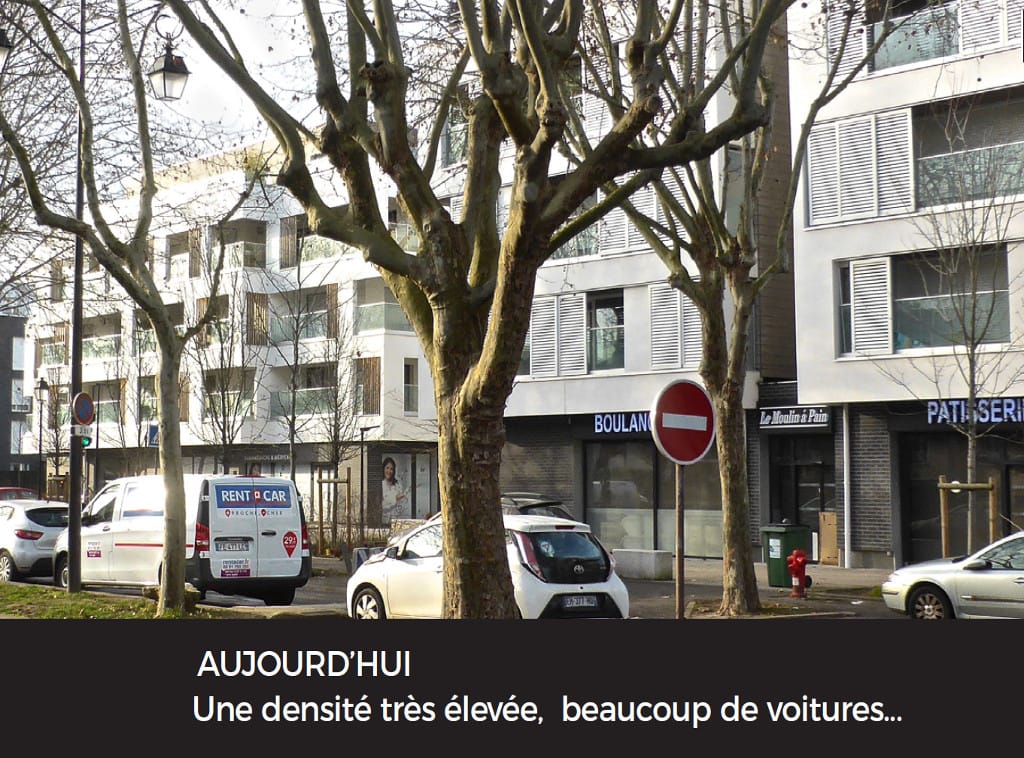 Une rue bordée d’immeubles récents et de voitures stationnées : « Aujourd’hui, une densité très élevée, beaucoup de voitures… ».