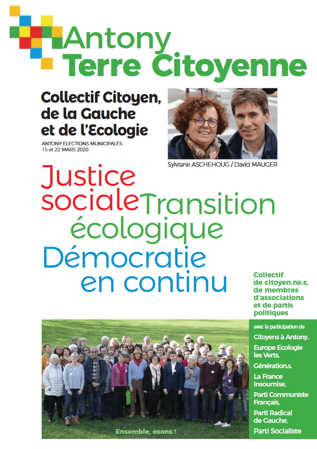 Couverture du programme d’Antony Terre Citoyenne pour les municipales des 15 et 22 mars 2020, avec Sylviane Aschehoug et David Mauger, et une photo de groupe des colistiers.