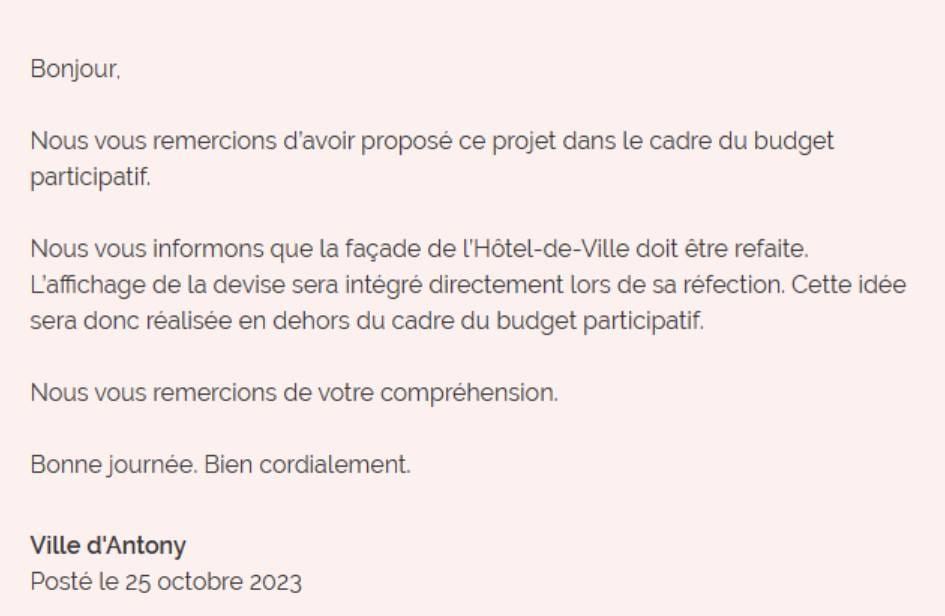 Réponse de la Ville d’Antony du 25 octobre 2023 au projet du budget participatif : la devise sera affichée lors de la réfection de la façade de l’hôtel de ville, hors budget participatif.