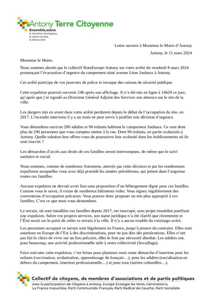 Lettre ouverte du 11 mars 2024 au maire d’Antony contre l’évacuation du campement de l’avenue Léon Jouhaux, où vivaient environ 200 adultes et 90 enfants.