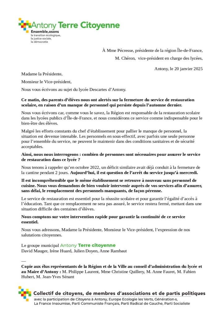 Courrier du 20 janvier 2025 à la présidente de la région Île-de-France sur la fermeture de la cantine du lycée Descartes, faute de personnel.