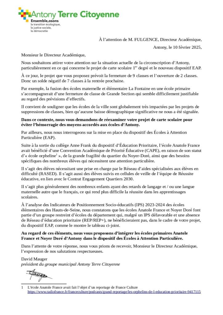 Courrier du 10 février 2025 au directeur académique : réexaminer le projet de carte scolaire (9 fermetures, 2 ouvertures) et intégrer les écoles Anatole France et Noyer Doré au dispositif des écoles à attention particulière.