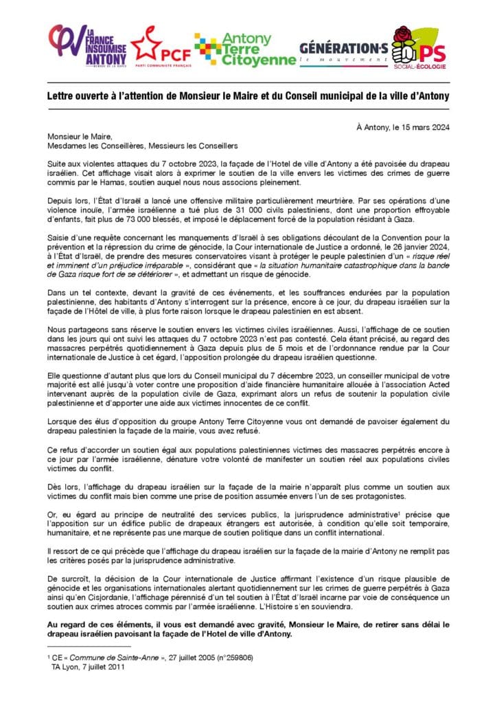 Lettre ouverte du 15 mars 2024 au maire et au conseil municipal d’Antony, demandant de retirer le drapeau israélien de la façade de l’hôtel de ville.