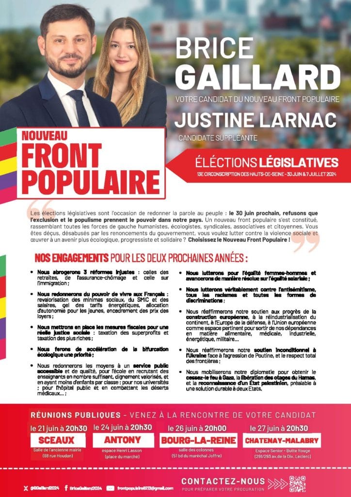 Recto du tract de Brice Gaillard (Nouveau Front populaire) : ses engagements pour deux ans, et des réunions publiques à Sceaux, Antony, Bourg-la-Reine et Châtenay-Malabry du 21 au 27 juin 2024.