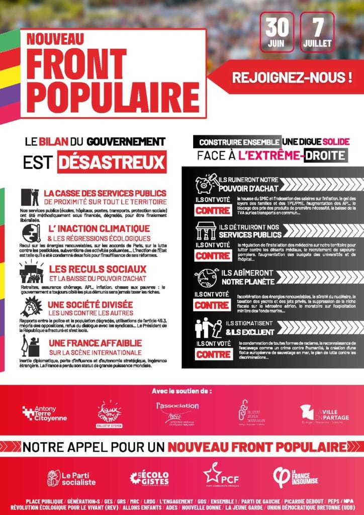 Verso du tract du Nouveau Front populaire : le bilan du gouvernement, l’appel à faire barrage à l’extrême droite, et les soutiens, dont Antony Terre Citoyenne.