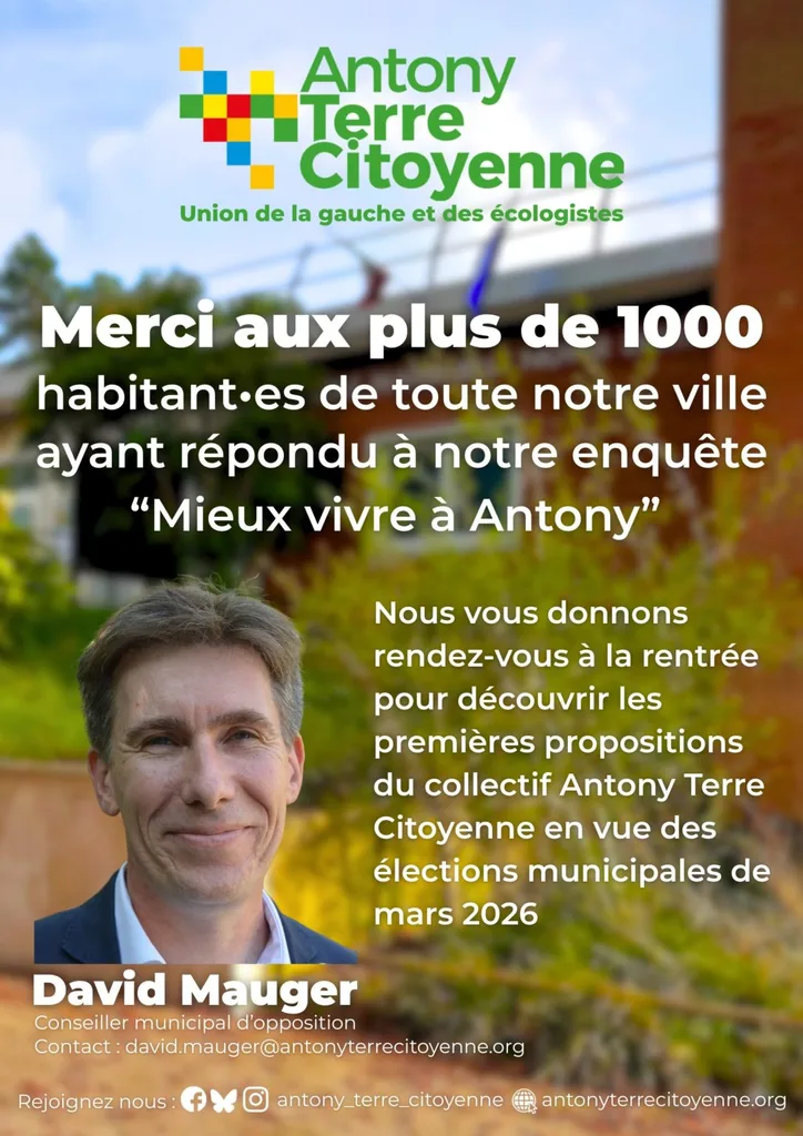 Affiche d’Antony Terre Citoyenne : « Merci aux plus de 1000 habitant·es de toute notre ville ayant répondu à notre enquête “Mieux vivre à Antony” ». En dessous, le portrait souriant de David Mauger, conseiller municipal d’opposition, et le rendez-vous donné à la rentrée pour découvrir les premières propositions du collectif en vue des élections municipales de mars 2026.