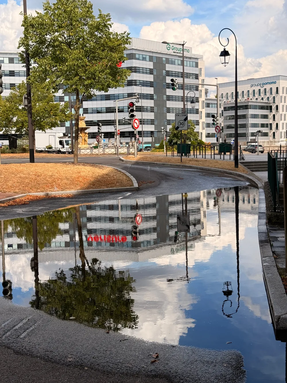 Une grande flaque occupe toute la largeur d’une chaussée et reflète, tête en bas, deux immeubles de bureaux, des lampadaires et un ciel de nuages. À gauche, un terre-plein d’herbe jaunie au pied d’un arbre encore vert.