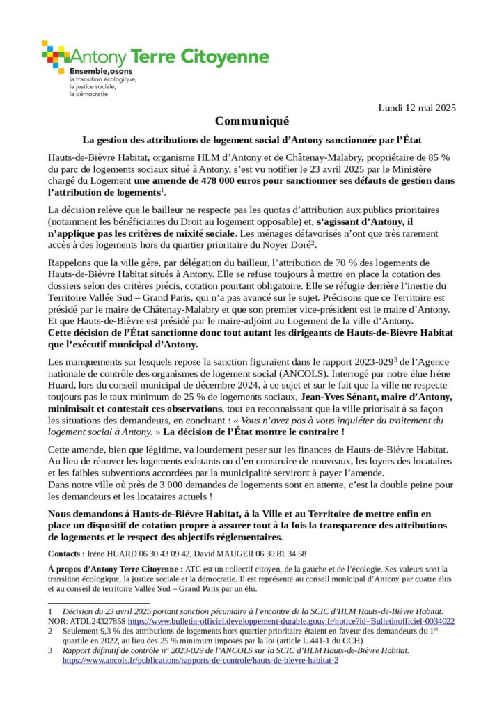 La gestion des attributions de logement social d'Antony sanctionnée par l'état. Hauts-de-Bièvre Habitat, organisemes HLM d''Antony et de Châtenay-Malbry, propriétaire de 85ù de parc de logements sociaux ...